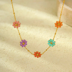 18K Gold-Plated Colorful Flower Necklace worn to showcase its length and pendant detail