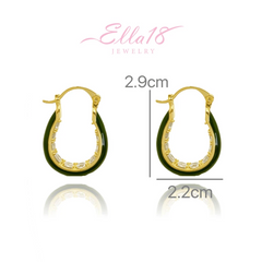 Angled view of the 18K Gold-Plated Diamond Green Oil Drop Earrings