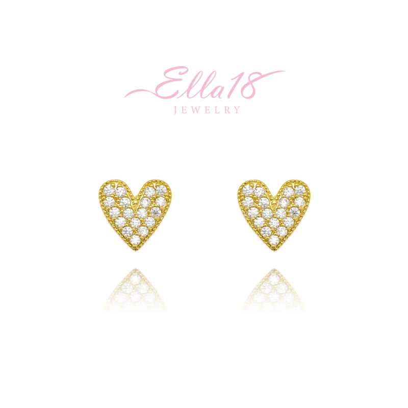 Ella18 Jewelry women's gold pave CZ heart stud earrings on white background