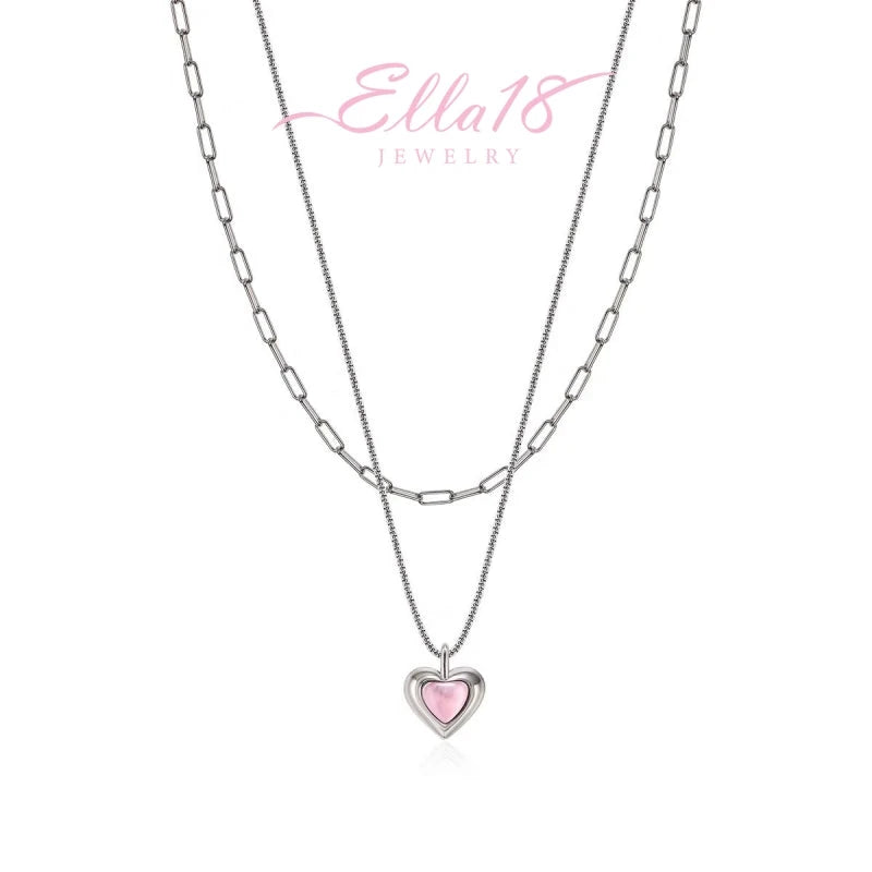 18K Gold-Plated Double-Layer Pendant Pink Heart Necklace worn to showcase its length and pendant detail