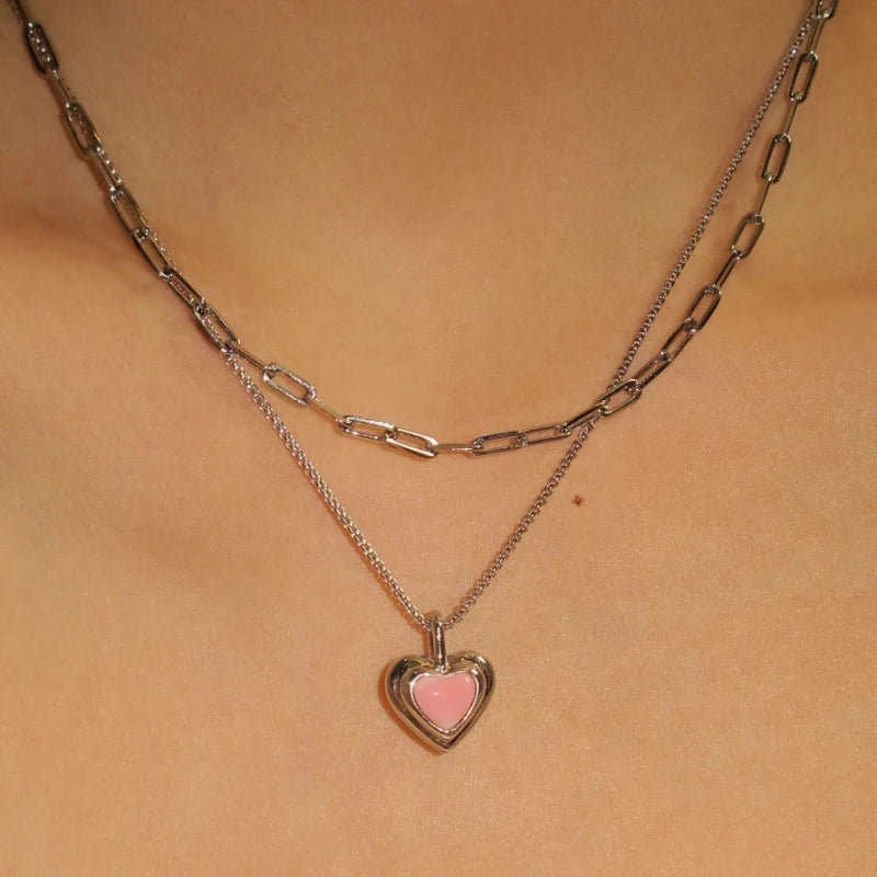18K Gold-Plated Double-Layer Pendant Pink Heart Necklace - beautiful Layer Pendant Necklace