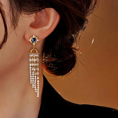 Model showcasing the dangle and style of the 18K Gold-Plated Elegant Sunflower Zircon Tassel Earrings