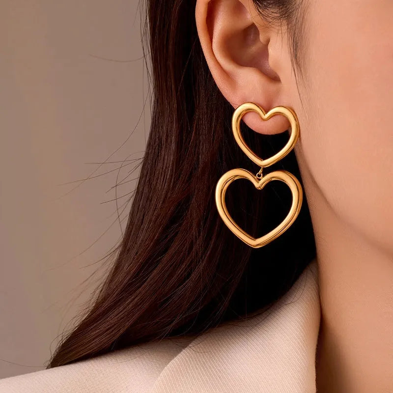 18K Gold-Plated Hollow Double-Heart Earrings - elegant Double-Heart Earrings