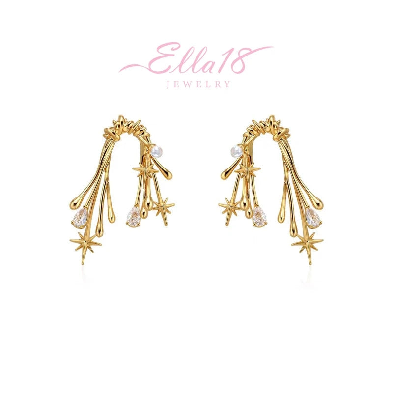 Model showcasing the dangle and style of the 18K Gold-Plated Irregular Zircon Starlight Earrings