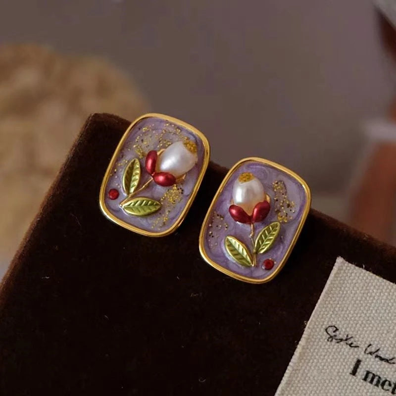 Close-up detail of the sparkling zircons and plating on the Flower Stud Earrings