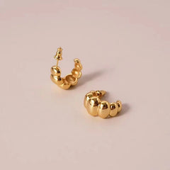 Polished Gold Chunky Beaded C-Hoop Stud Earrings, Minimalist Jewelry