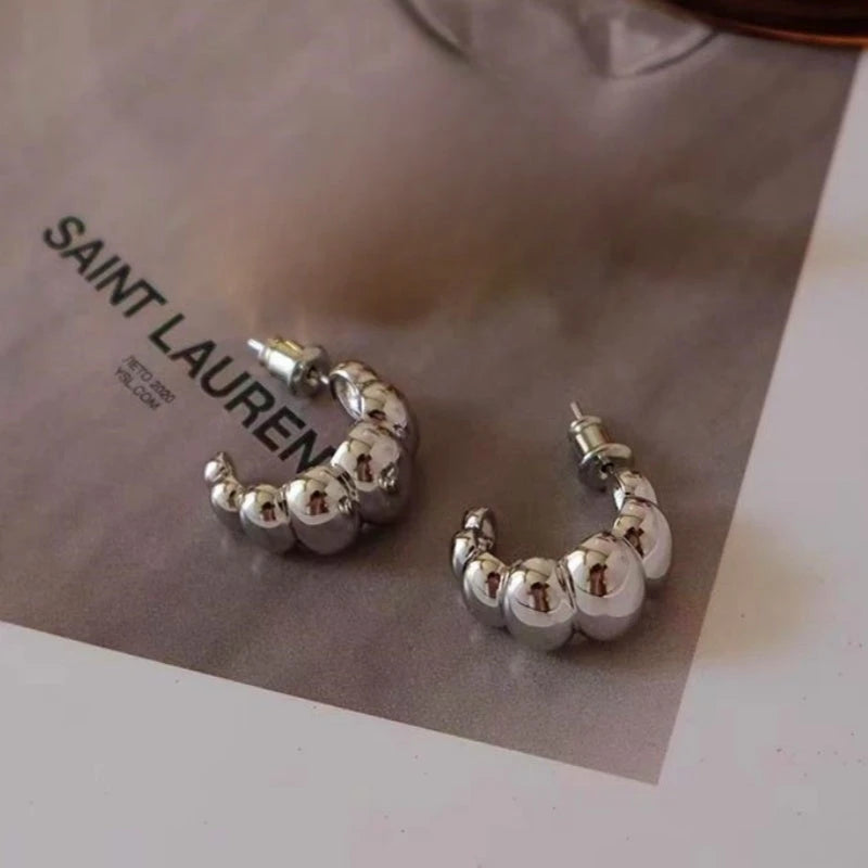 Polished Silver Chunky Beaded C-Hoop Stud Earrings, Minimalist Jewelry