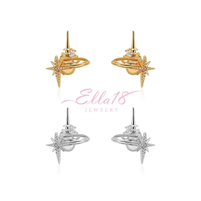 Gold and silver star planet stud earrings, Ella18 Jewelry