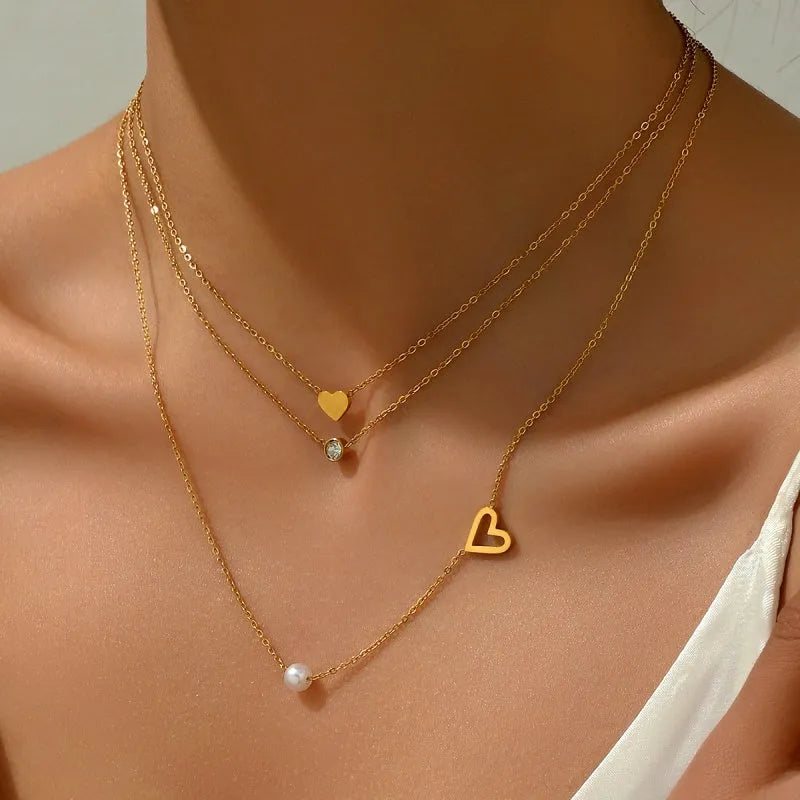18K Gold-Plated Three-Layer Zircon Heart Pearl Necklaces - beautiful Pearl Necklaces