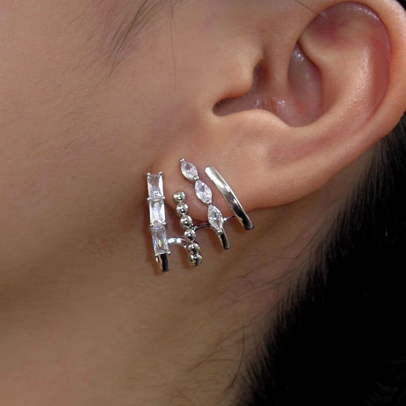 Silver 4-layer crystal ear cuff worn on ear, faux 4-piercing ear climber jewelry