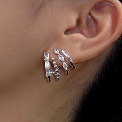 Silver 4-layer crystal ear cuff worn on ear, faux 4-piercing ear climber jewelry