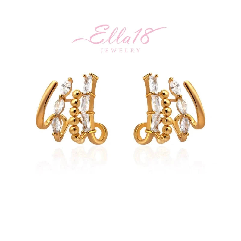Ella18 Jewelry gold 4-row crystal ear cuff pair, faux multi-piercing ear climbers