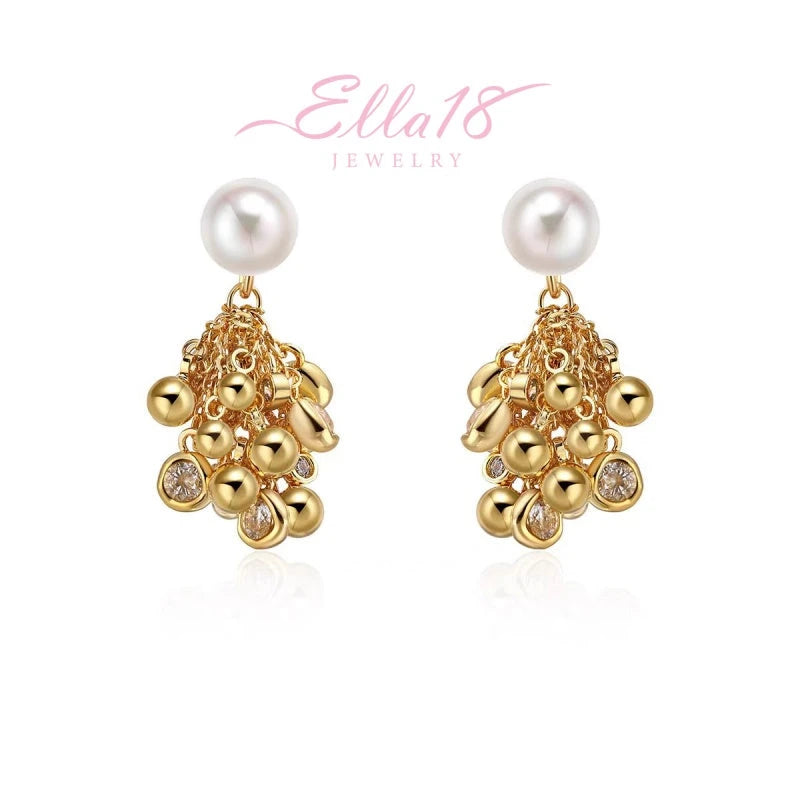 Ella18 Jewelry gold pearl beaded crystal cluster drop earrings (pair)