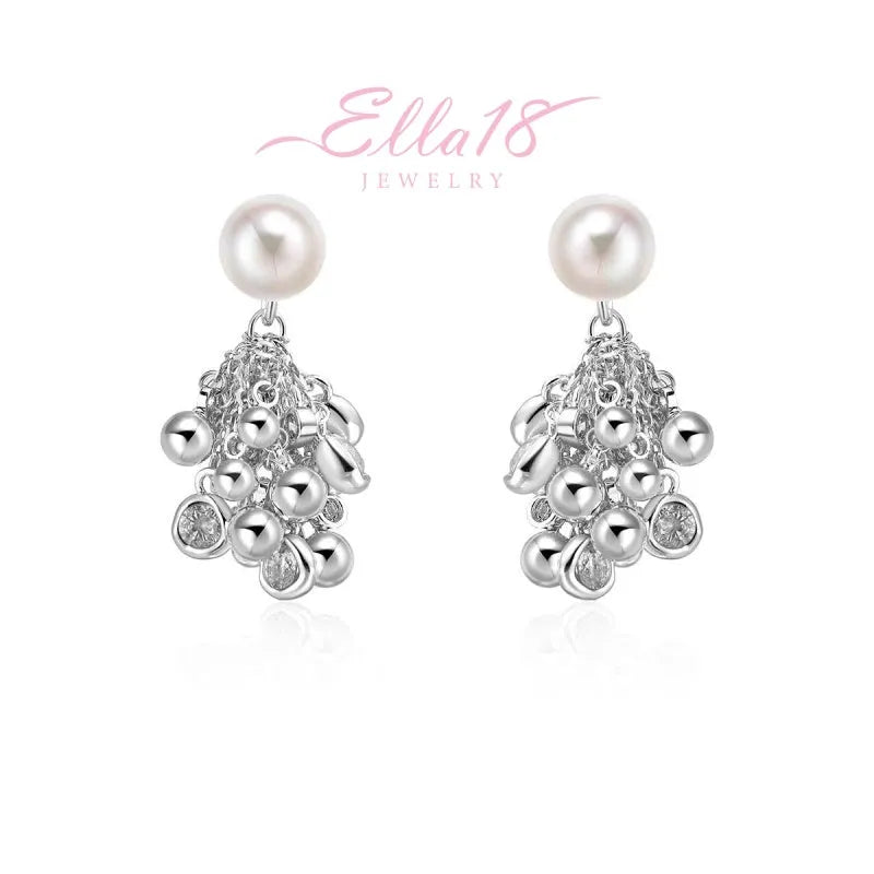 Ella18 Jewelry silver pearl beaded crystal cluster drop earrings (pair)