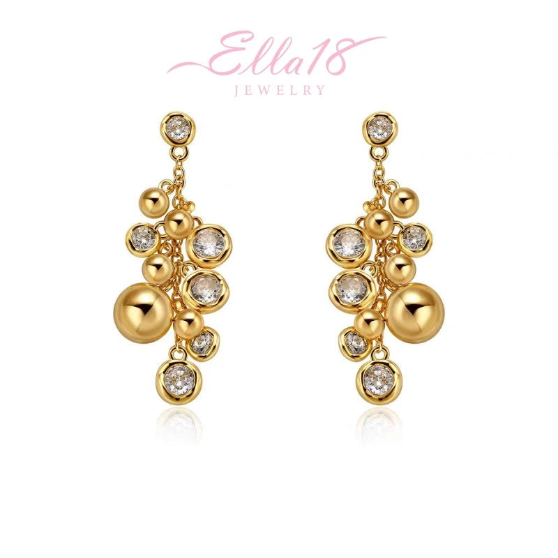 Gold bezel crystal bubble dangle drop earrings, Ella18 Jewelry