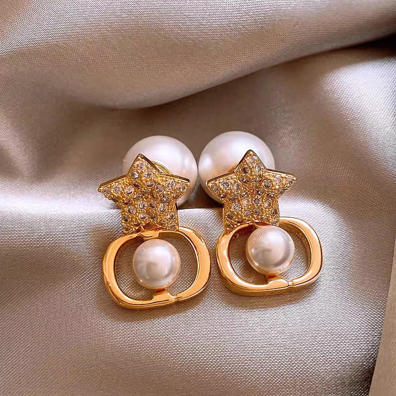 Gold Pave CZ Star Double-sided Pearl Stud Earrings on Satin Fabric