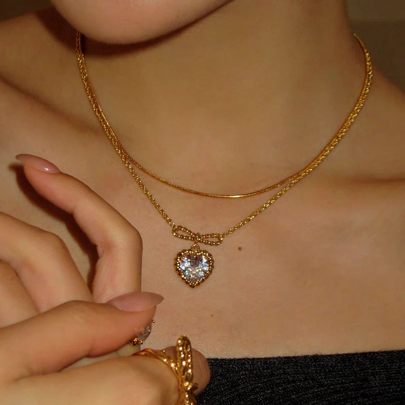 18K Gold-Plated Zircon Heart Bow Necklace - beautiful Bow Necklace