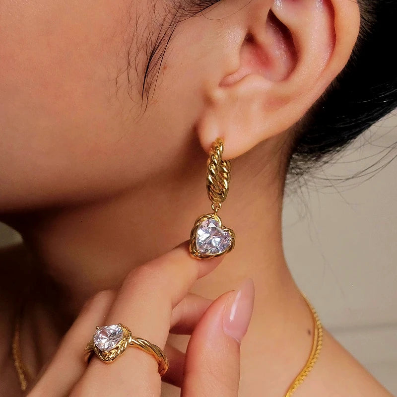 Gold twisted huggie hoop heart cubic zirconia drop earring and matching ring set