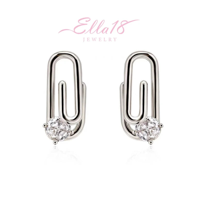 Ella18 Jewelry silver paperclip cubic zirconia stud earrings pair
