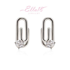 Ella18 Jewelry silver paperclip cubic zirconia stud earrings pair