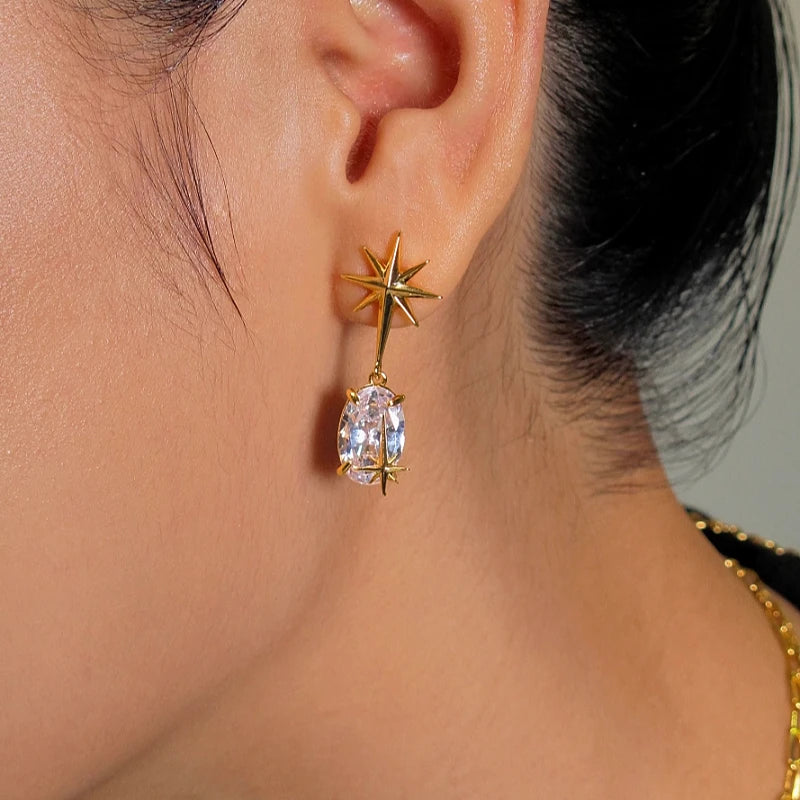 Close-up detail of the sparkling zircons and plating on the Zircon Star Earrings