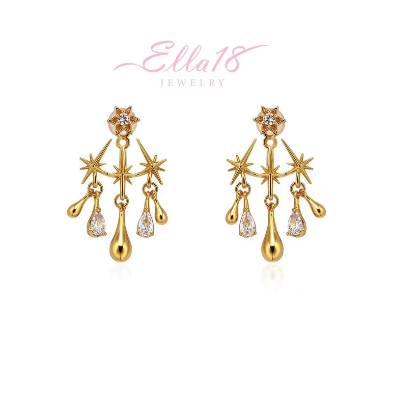 Ella18 Jewelry gold starburst teardrop CZ dangle earrings