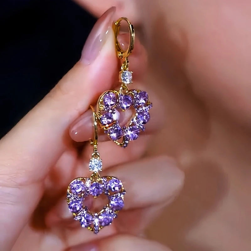 14K Gold-Plated Elegant Purple Zircon Heart Earrings - elegant Purple Zircon Heart Earrings