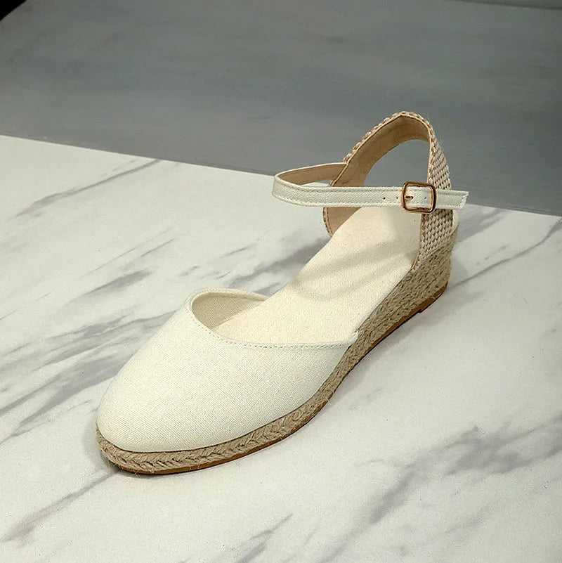 Close-up showing the material and craftsmanship of the Wedge Sandals