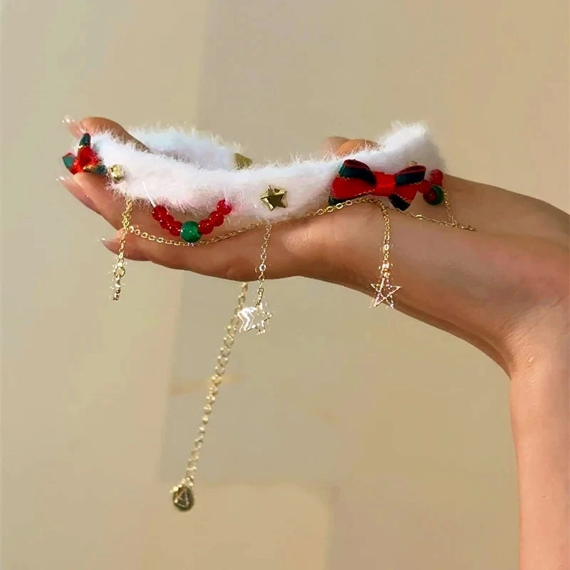 Christmas Bow Star Tassel Choker worn to showcase its length and pendant detail