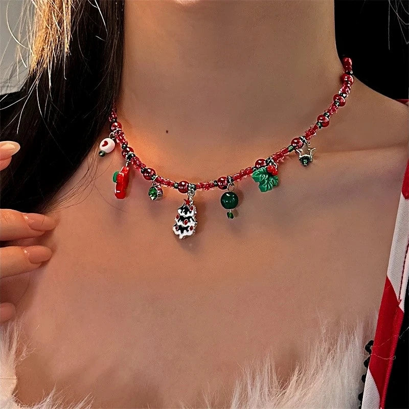 Christmas Tree Red Beaded Small Accessory Necklace - beautiful Beaded Necklace