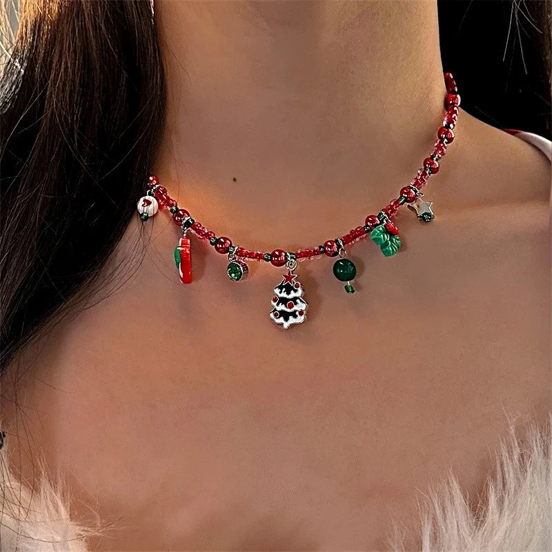Christmas Tree Red Beaded Small Accessory Necklace worn to showcase its length and pendant detail