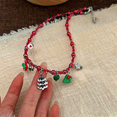 Detailed view of the Christmas Tree Red Beaded Small Accessory Necklace chain and pendant