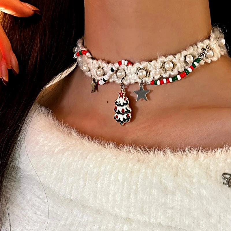 Christmas Tree White Plush Star Choker worn to showcase its length and pendant detail