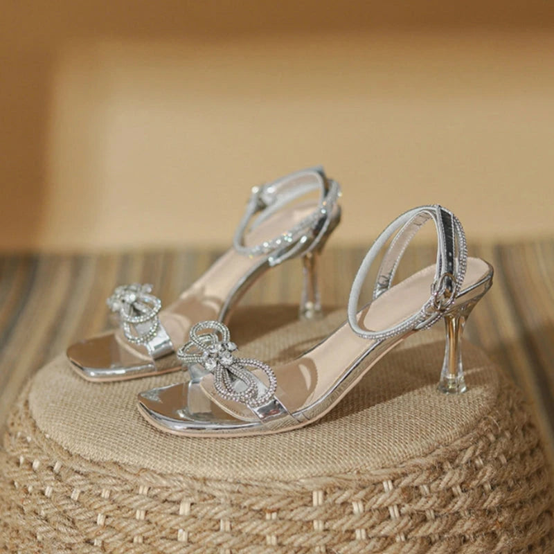 Angled view of the stylish Crystal Women's Shoes With Bow Bigh Heels
