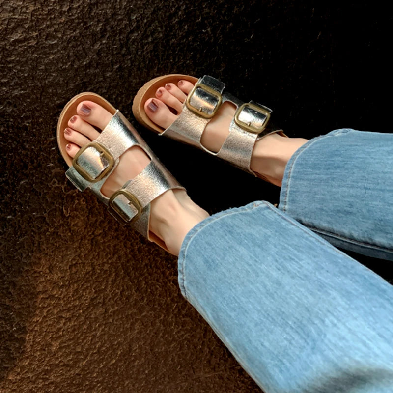 Detail of the color and pattern on the Double Buckle Slippers