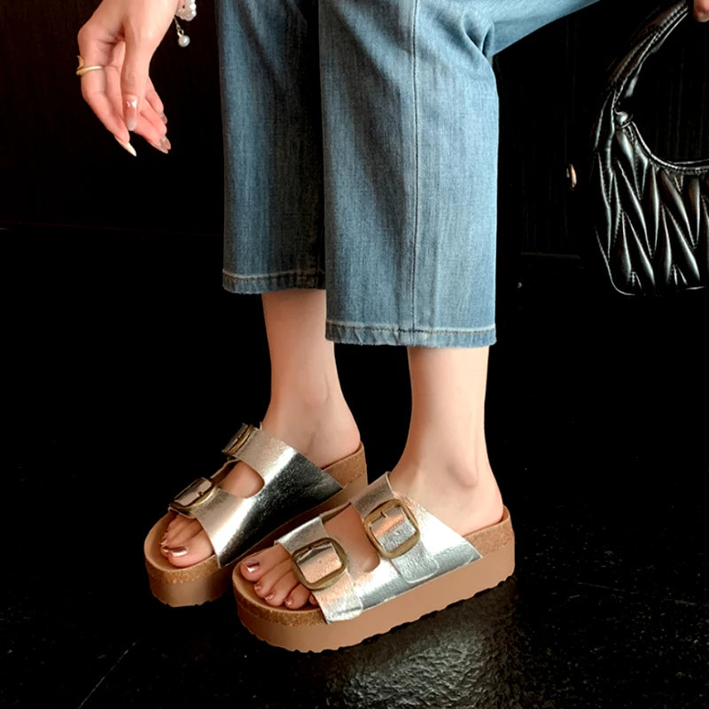 Another beautiful perspective of the Double Buckle Thick Bottom Heightening Birkenstock Slippers