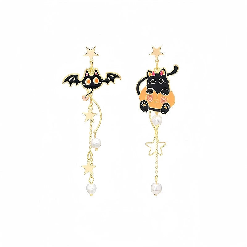 Halloween 14K Gold-Plated Bat Asymmetrical Pearl Tassel Earrings - elegant Halloween Bat Earrings