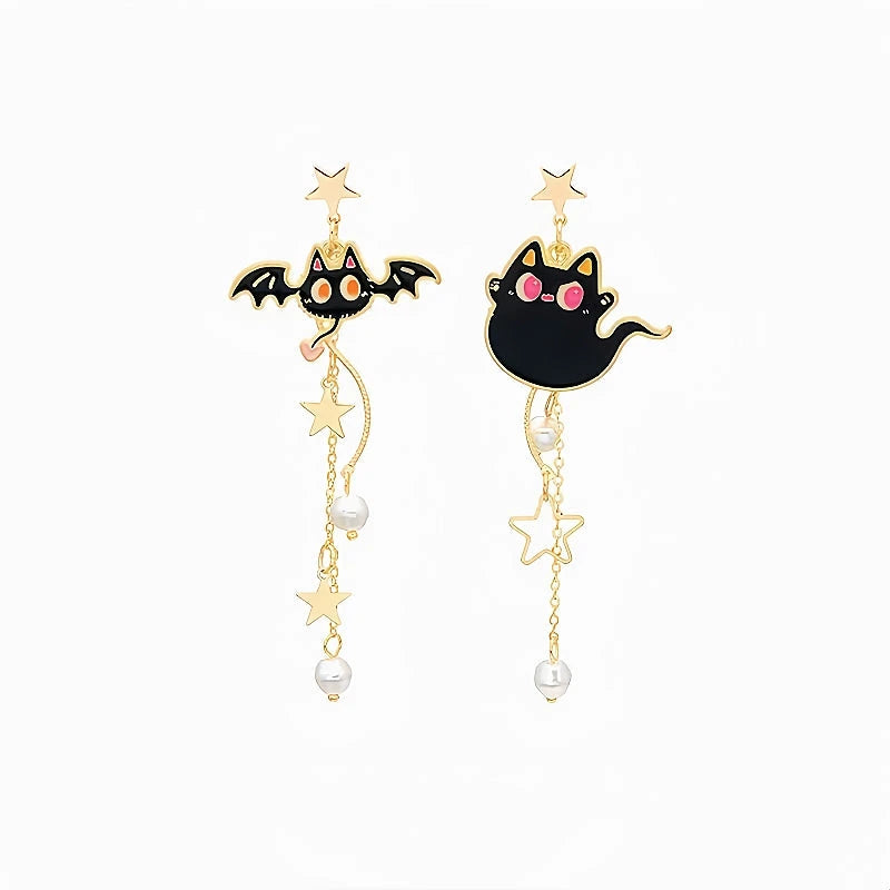 Model showcasing the dangle and style of the Halloween 14K Gold-Plated Bat Asymmetrical Pearl Tassel Earrings