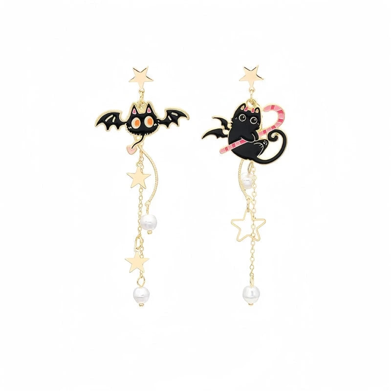 Angled view of the Halloween 14K Gold-Plated Bat Asymmetrical Pearl Tassel Earrings