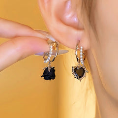 Halloween 14K Gold-Plated Black Flower And Heart Earrings - elegant Halloween Flower Earrings
