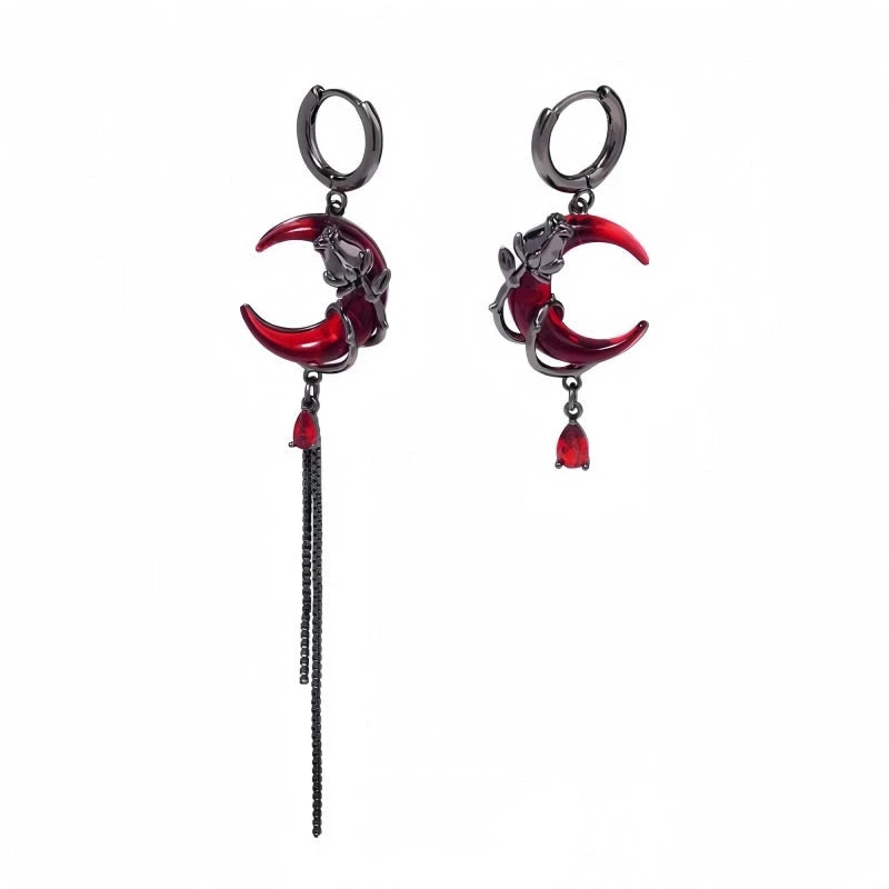 Angled view of the Halloween 14K Gold-Plated Red Crescent Asymmetrical Earrings