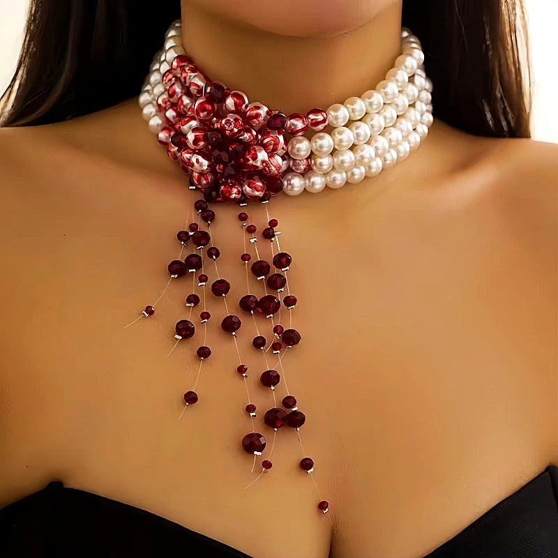 Halloween Blood Drop Pearl Tassel Clavicle Necklace worn to showcase its length and pendant detail