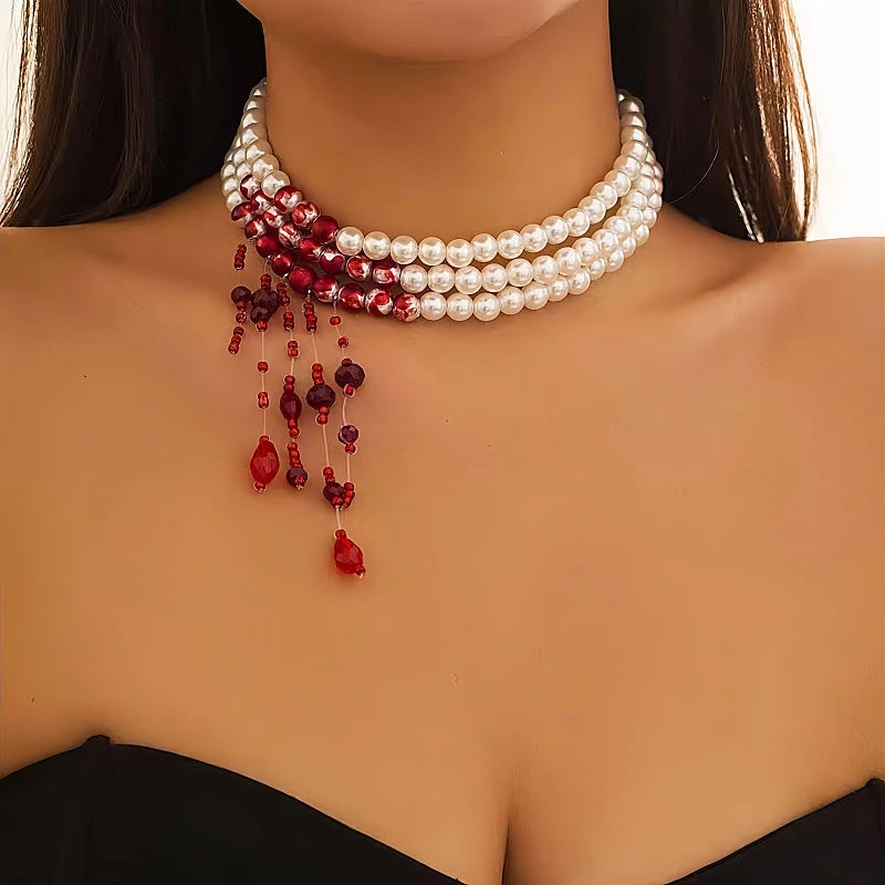 Halloween Blood Drop Pearl Tassel Clavicle Necklace - beautiful Halloween Necklace