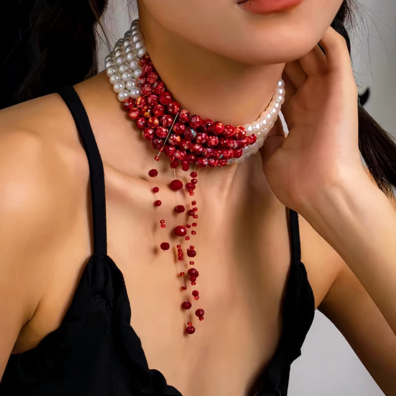 Detailed view of the Halloween Blood Drop Pearl Tassel Clavicle Necklace chain and pendant