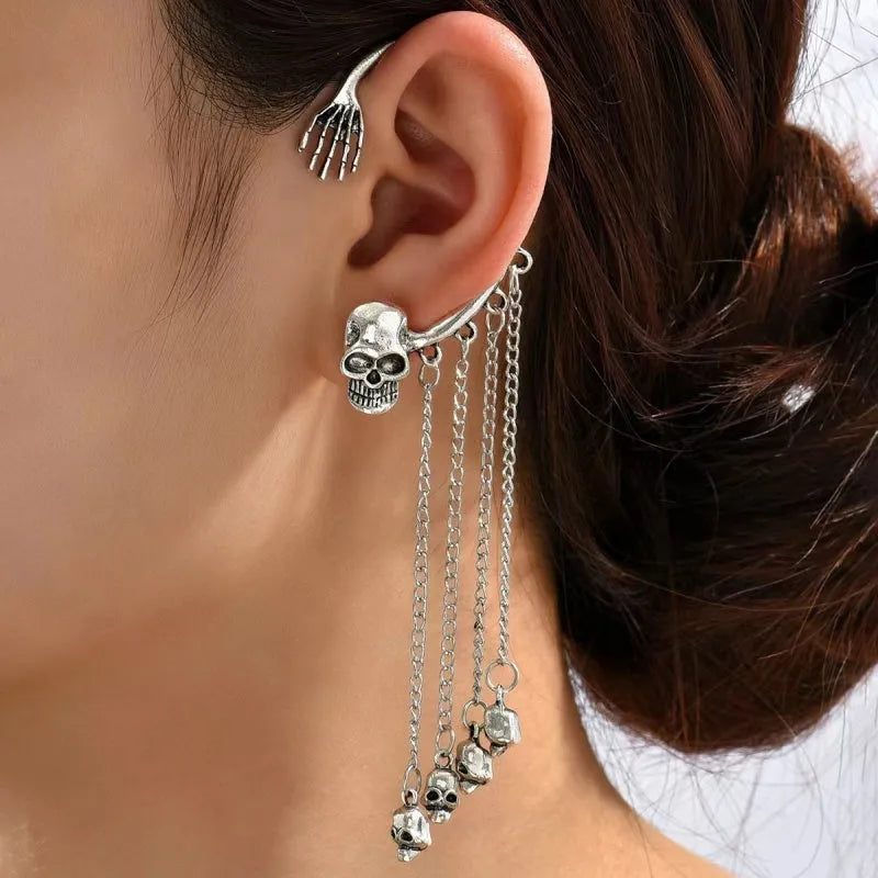 Close-up detail of the sparkling zircons and plating on the Skull Ear Cuffs