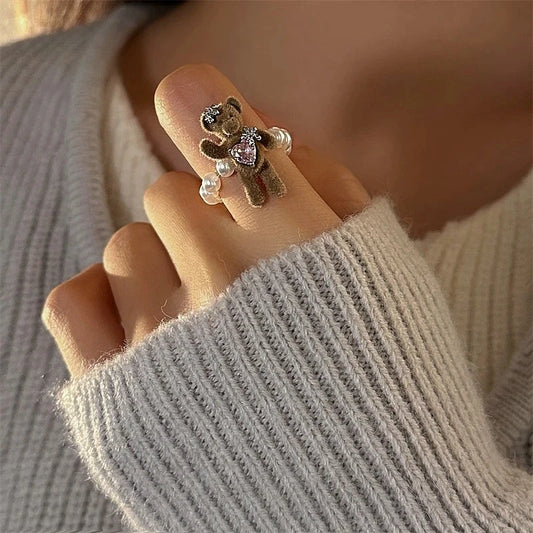 Plush Bear Beaded Rings worn on the hand to show its beautiful fit and design