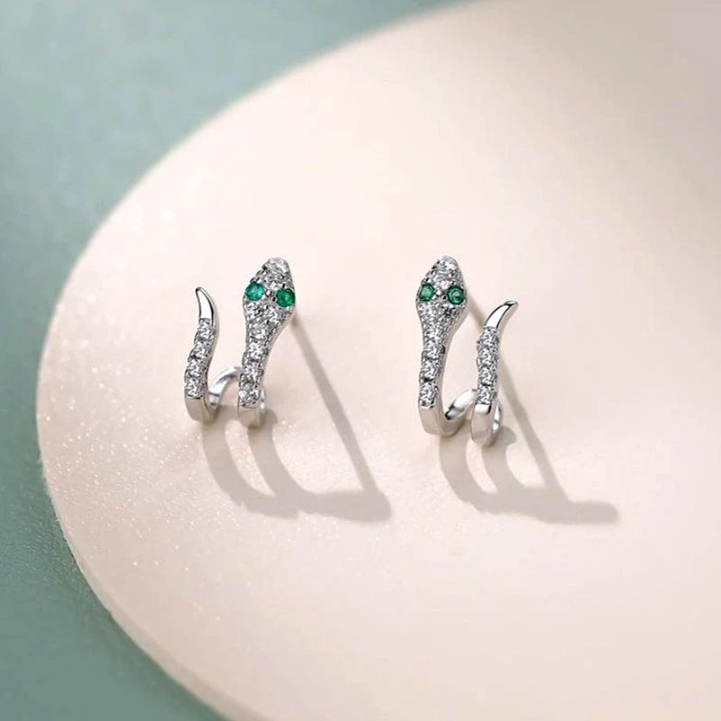 Angled view of the Sterling Silver Double-Layer Zircon Diamond Snake Design Stud Earrings