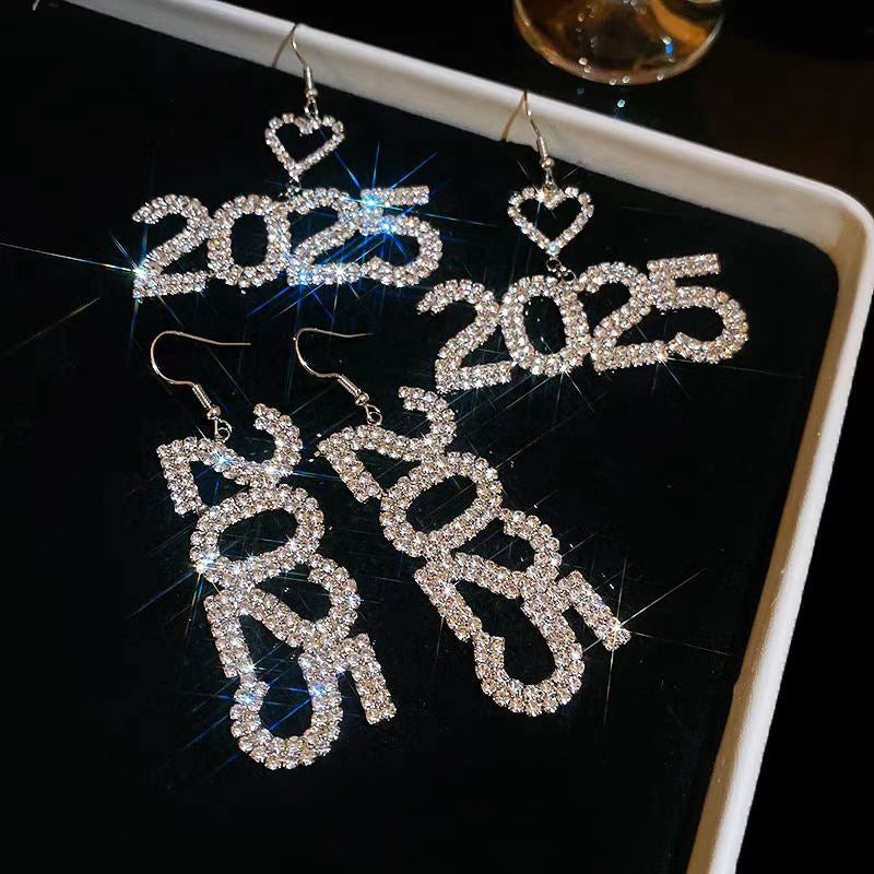 Silver Post 2025 New Year Heart Ear Hook Earrings