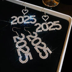 Silver Post 2025 New Year Heart Ear Hook Earrings