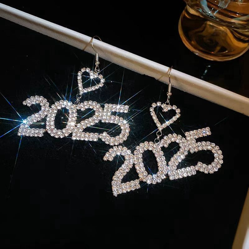 Silver Post 2025 New Year Heart Ear Hook Earrings